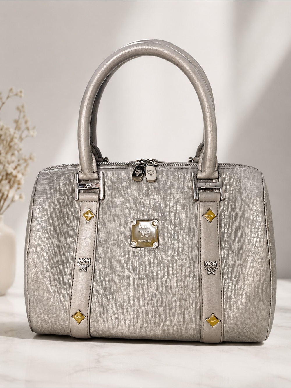MCM München Metallic Silver Saffiano Leather Boston Bag
